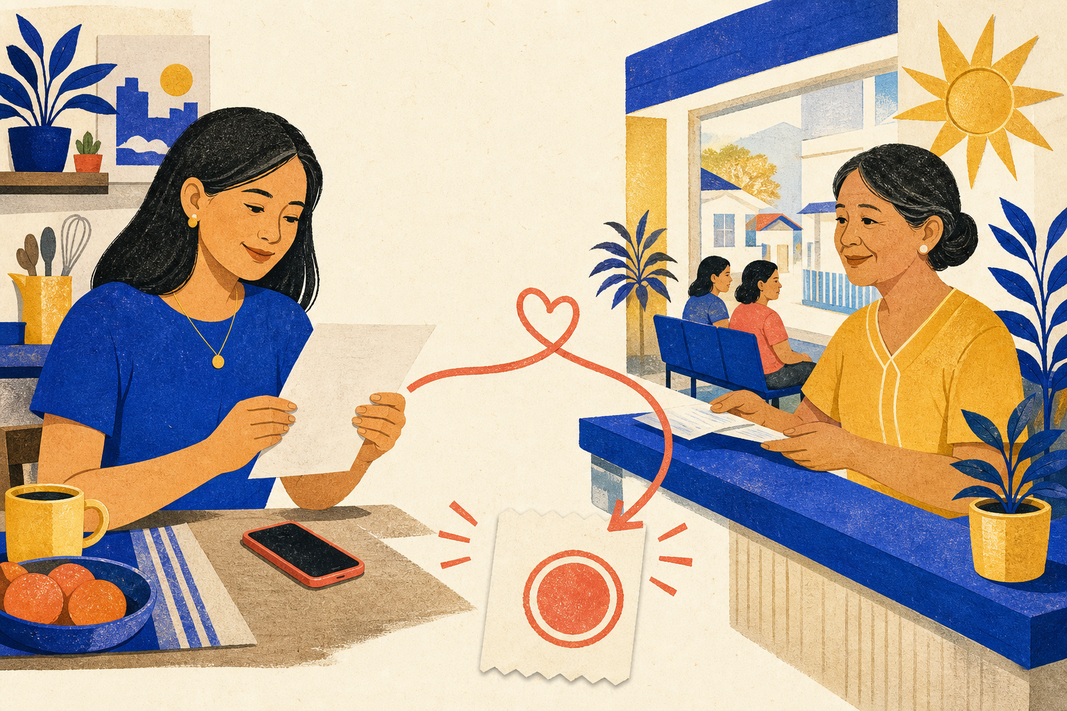An illustration of a daughter abroad reviewing a clinic bill while her mother visits a clinic in the Philippines
